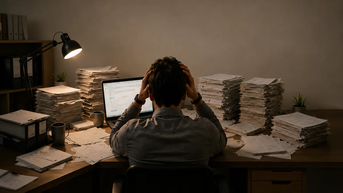 Un bureau encombré sous des piles de rapports papier